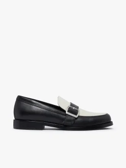 Women G.H.BASS Monty Buckle Loafers Black and Off White Leather