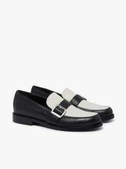 Women G.H.BASS Monty Buckle Loafers Black and Off White Leather
