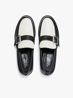 Women G.H.BASS Monty Buckle Loafers Black and Off White Leather