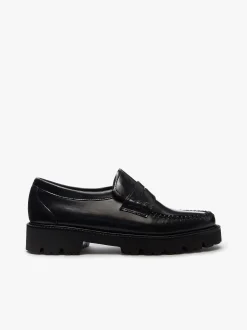 Women G.H.BASS Weejuns Grace Super Lug Penny Loafers Black Leather