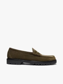 G.H.BASS Weejuns Larson Lug Penny Loafers Combat Suede and Olive Corduroy
