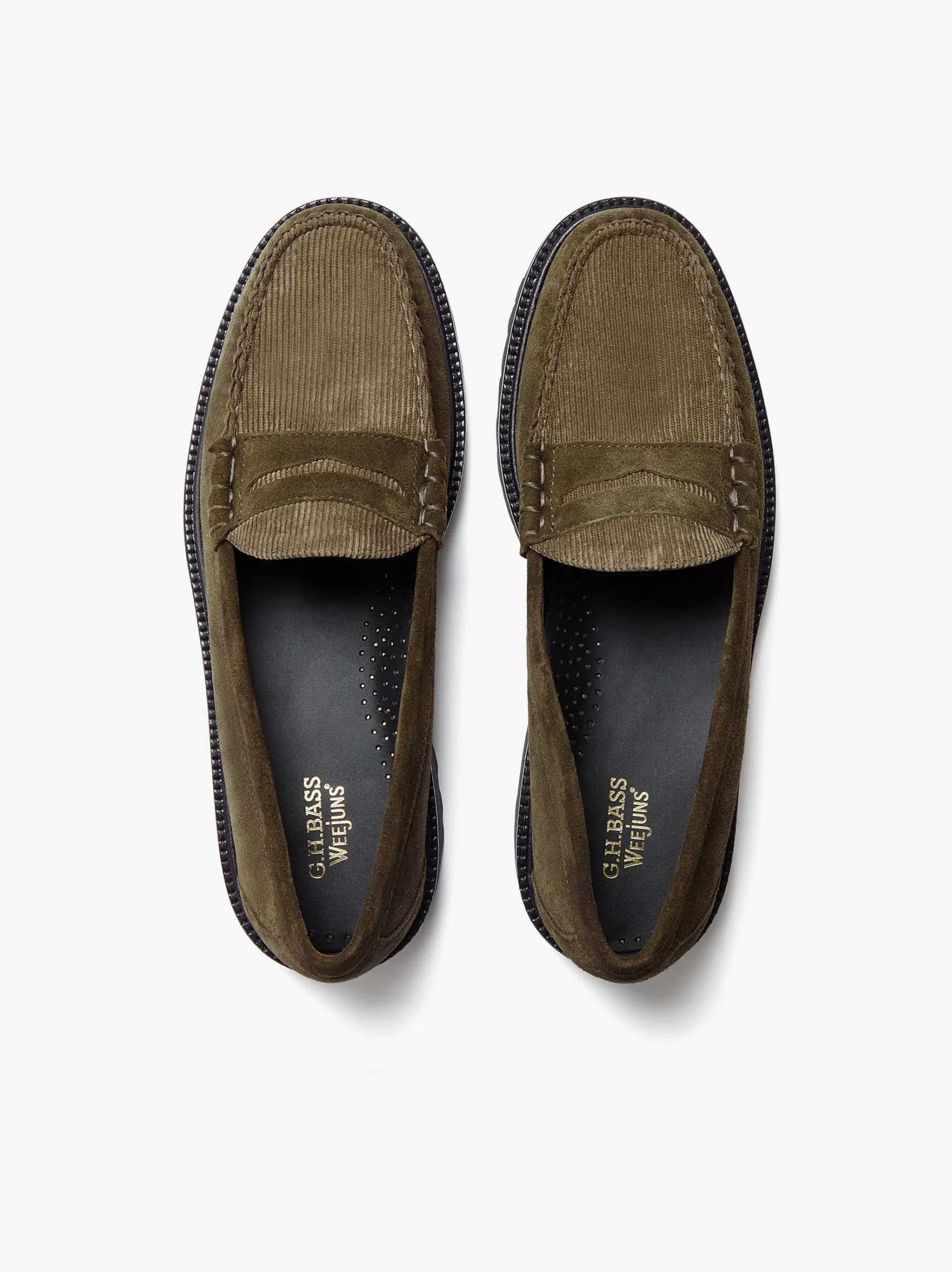 G.H.BASS Weejuns Larson Lug Penny Loafers Combat Suede and Olive Corduroy