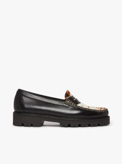 Women G.H.BASS Whitney Super Lug Penny Loafers Black Leather with Cow Print
