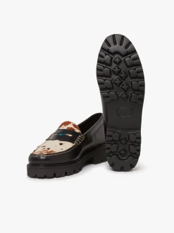 Women G.H.BASS Whitney Super Lug Penny Loafers Black Leather with Cow Print