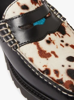Women G.H.BASS Whitney Super Lug Penny Loafers Black Leather with Cow Print